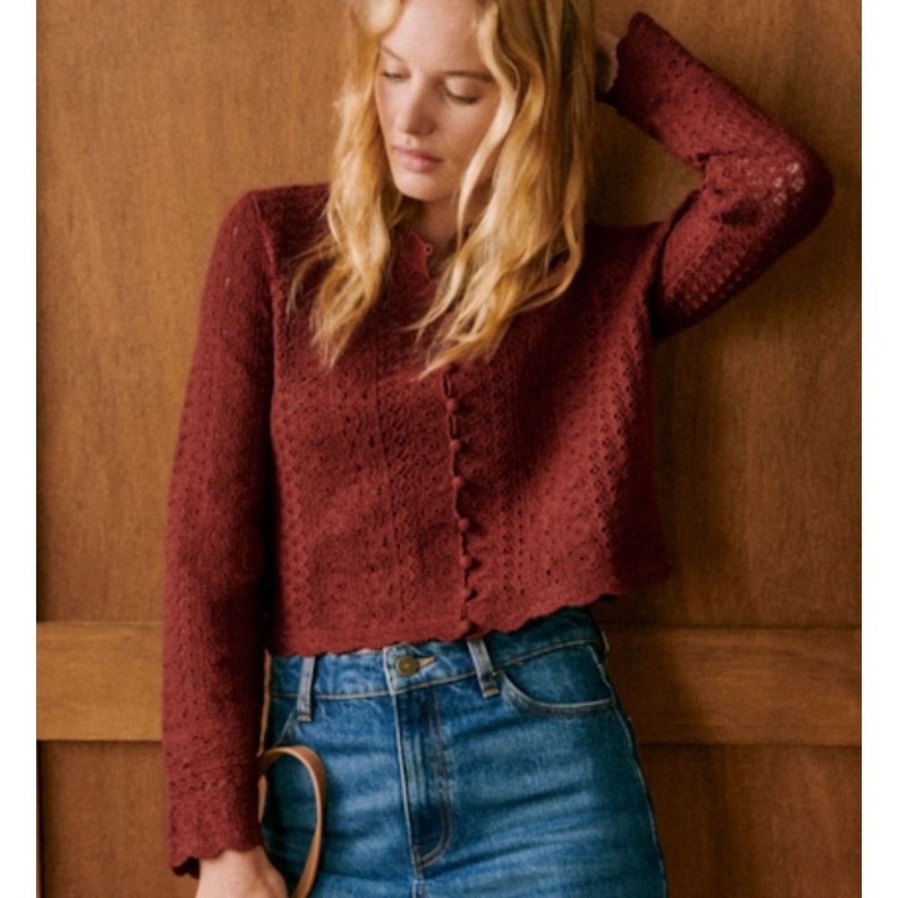 Sezane Noelie Cardigan XXL US 12 Rust Red Pointelle Knit Scalloped Crop Buttons